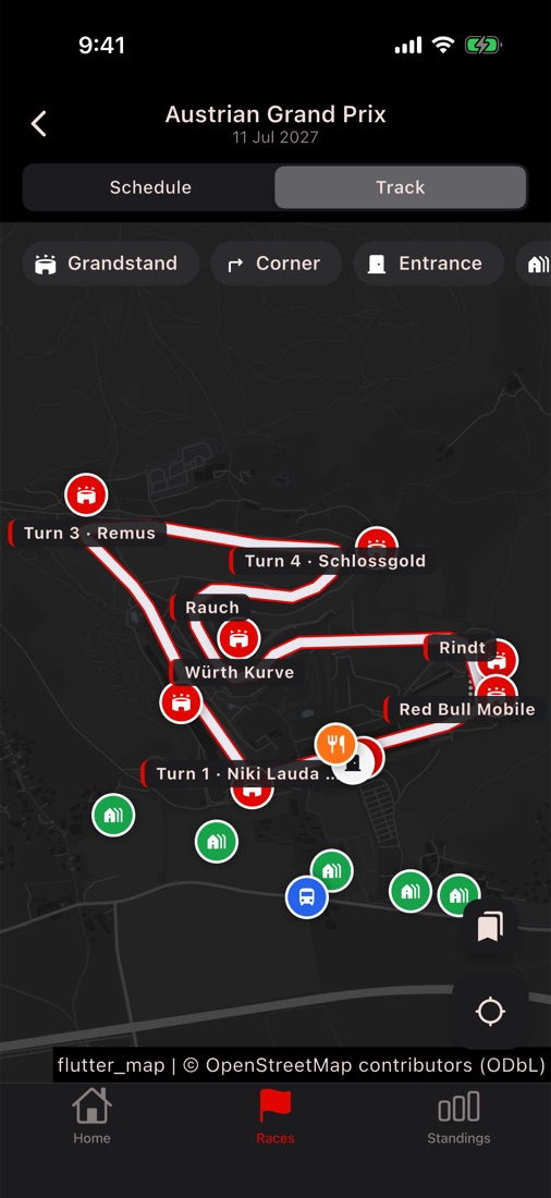 Offline map of the Red Bull Ring with grandstands, food and camping